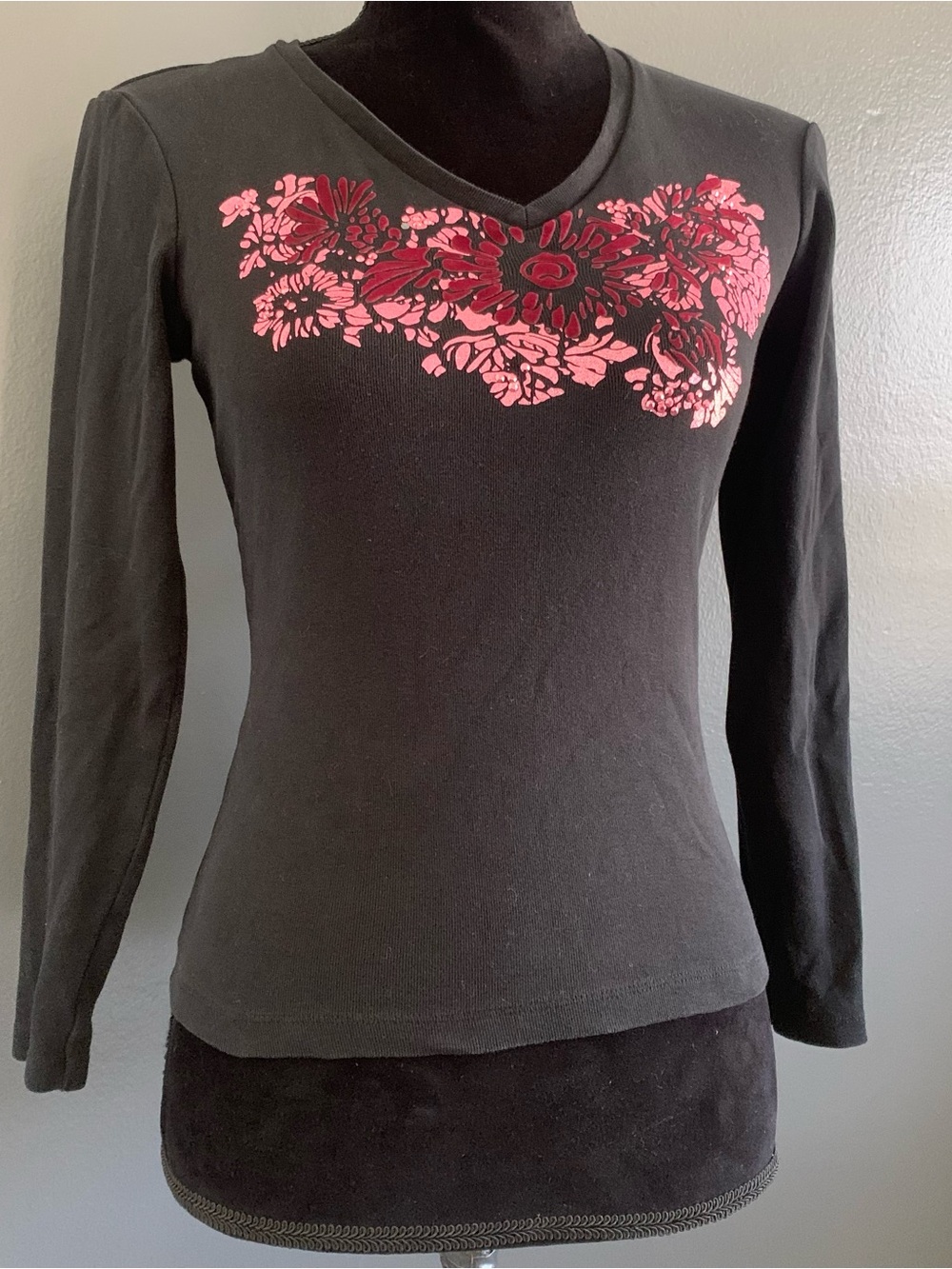Boss Black Long-Sleeve V-Neck Top with Pink Floral Chest Print